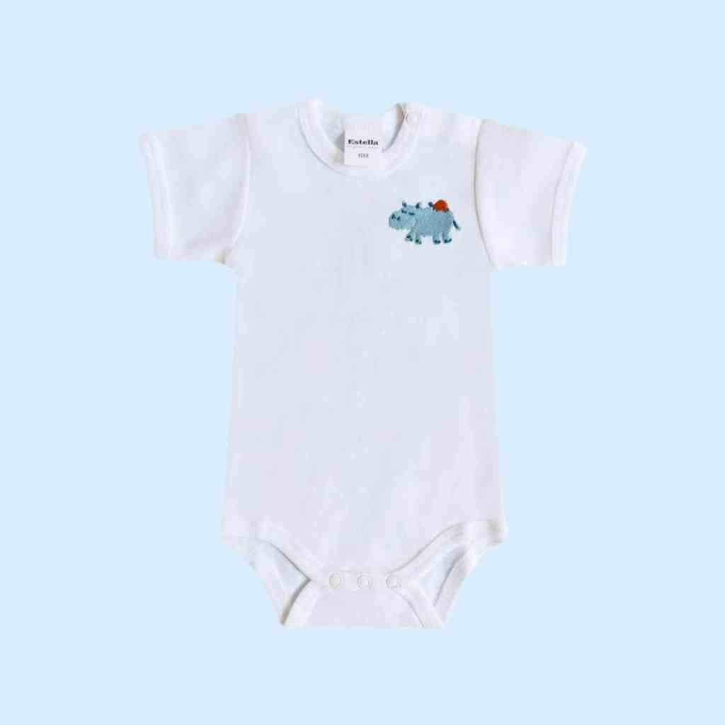 Estella Baby Clothes Organic Bodysuit with Blue Hippo Embroidery
