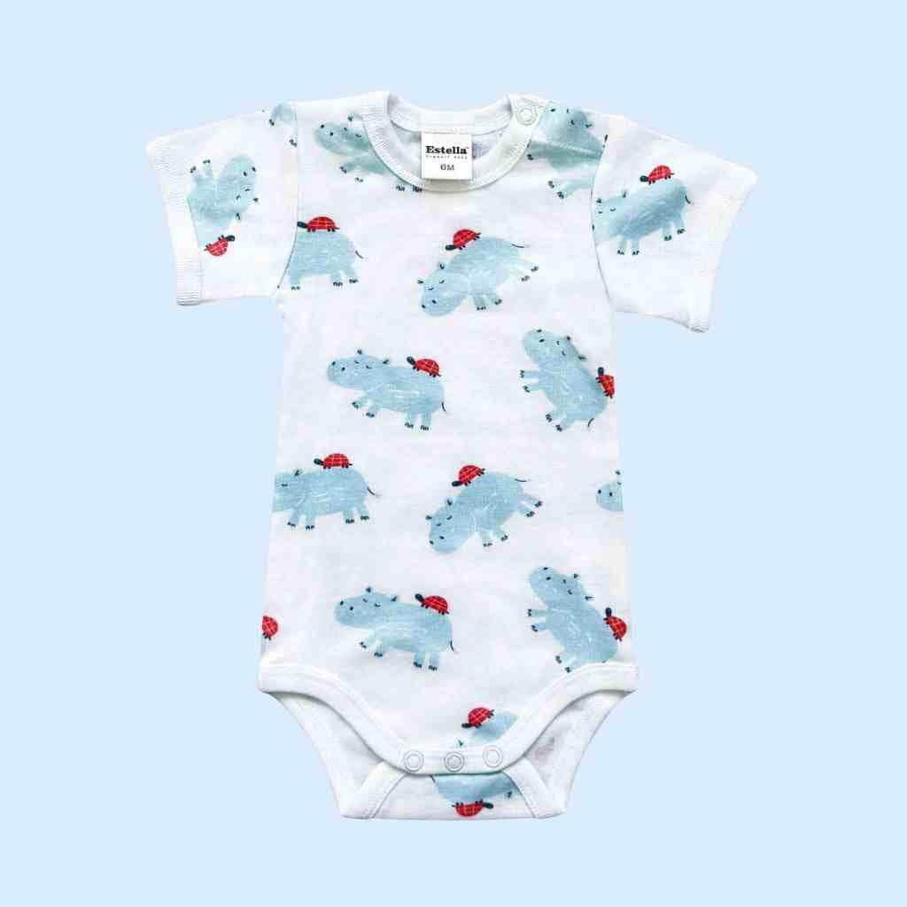 Estella Baby Clothes Organic Onesie with Blue Hippo and Turtle Print