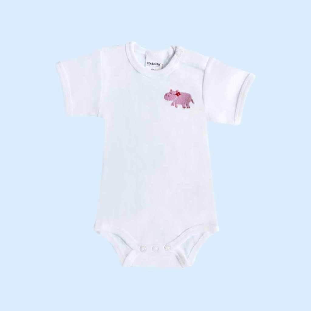Estella Baby Clothes Organic Bodysuit with Pink Hippo Embroidery