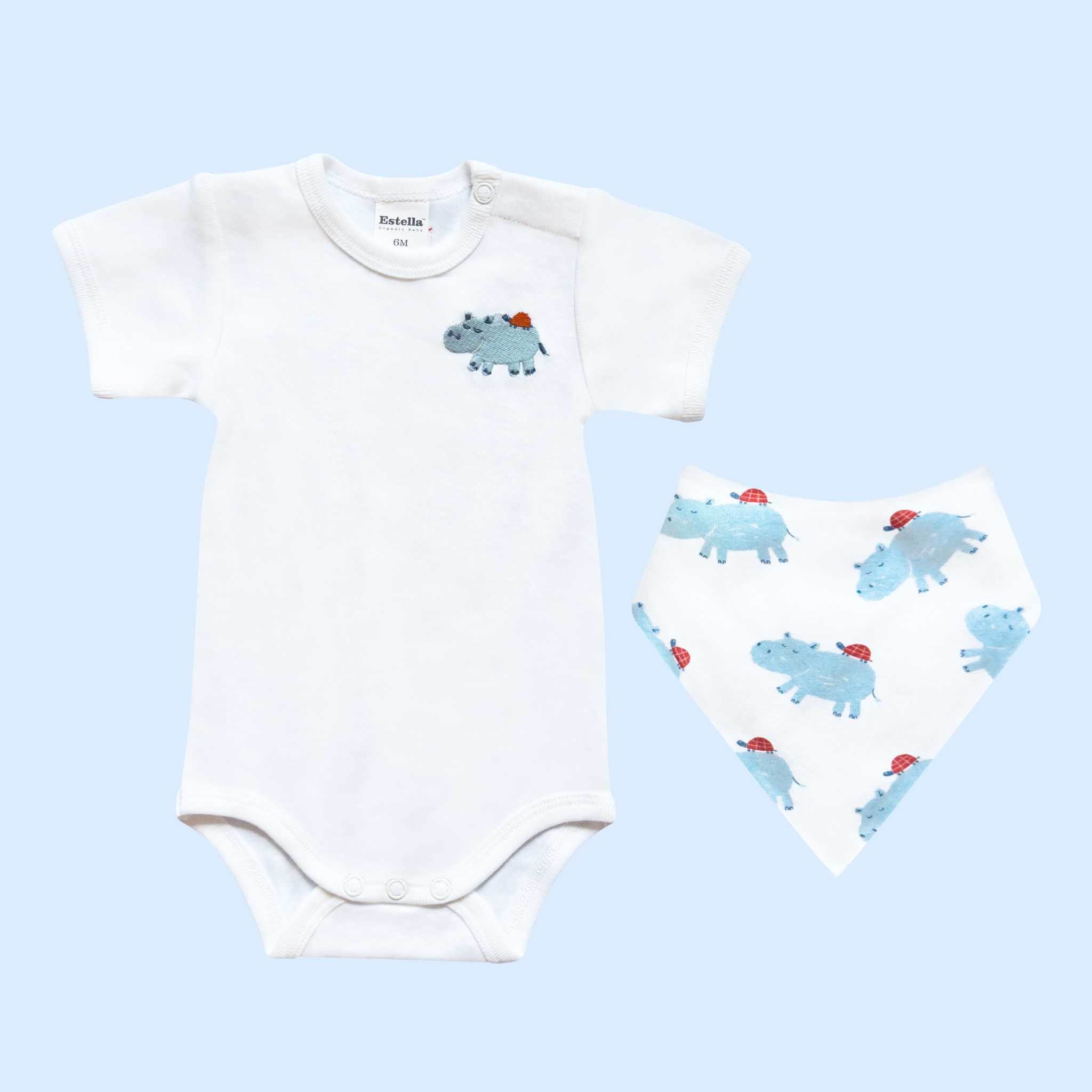 Estella Animal Gifts Blue / 0-3 months Hippo Bodysuit with Embroidery & Bib Set