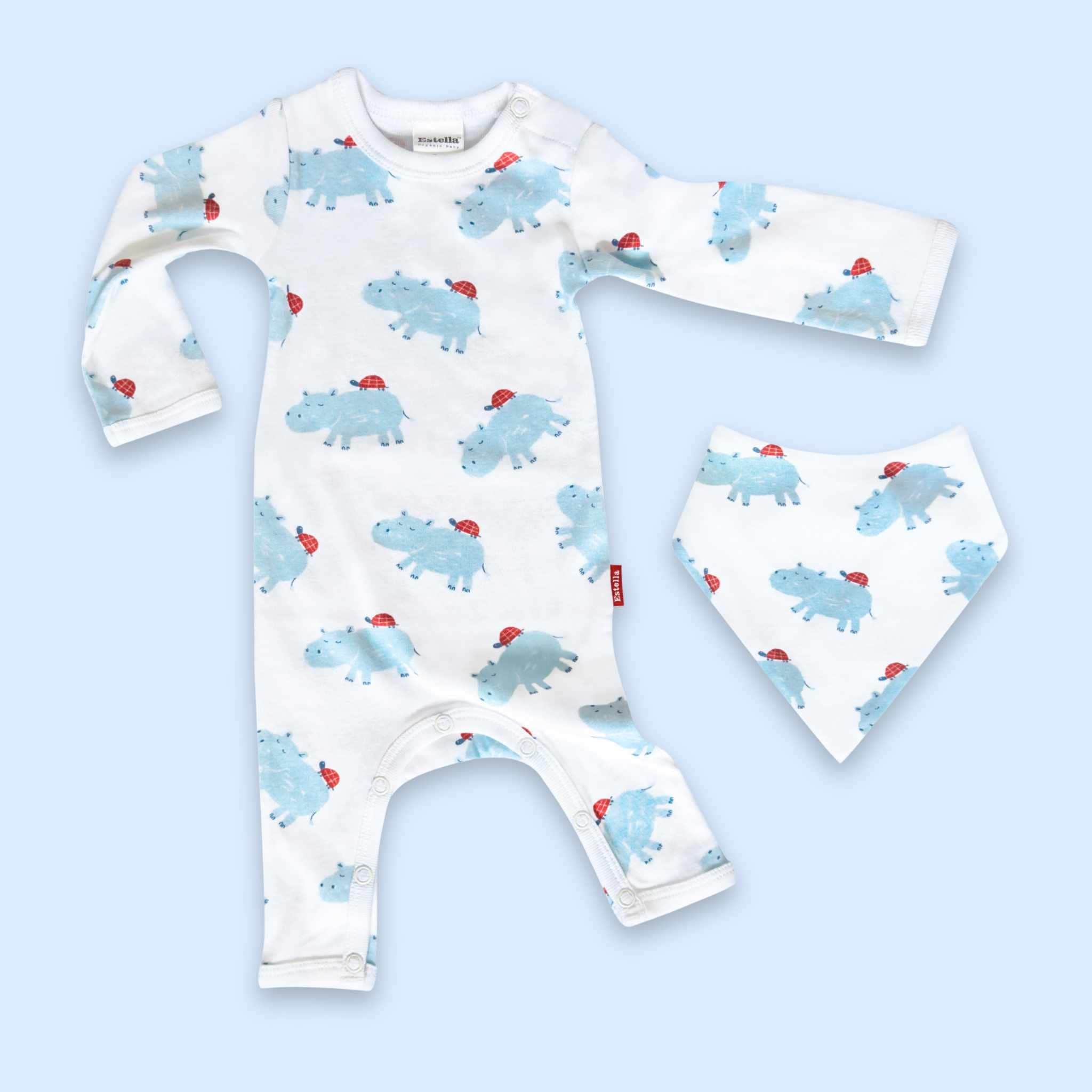 Estella Animal Gifts Blue / 0-3 months Hippo Long Sleeve Romper & Bib Set
