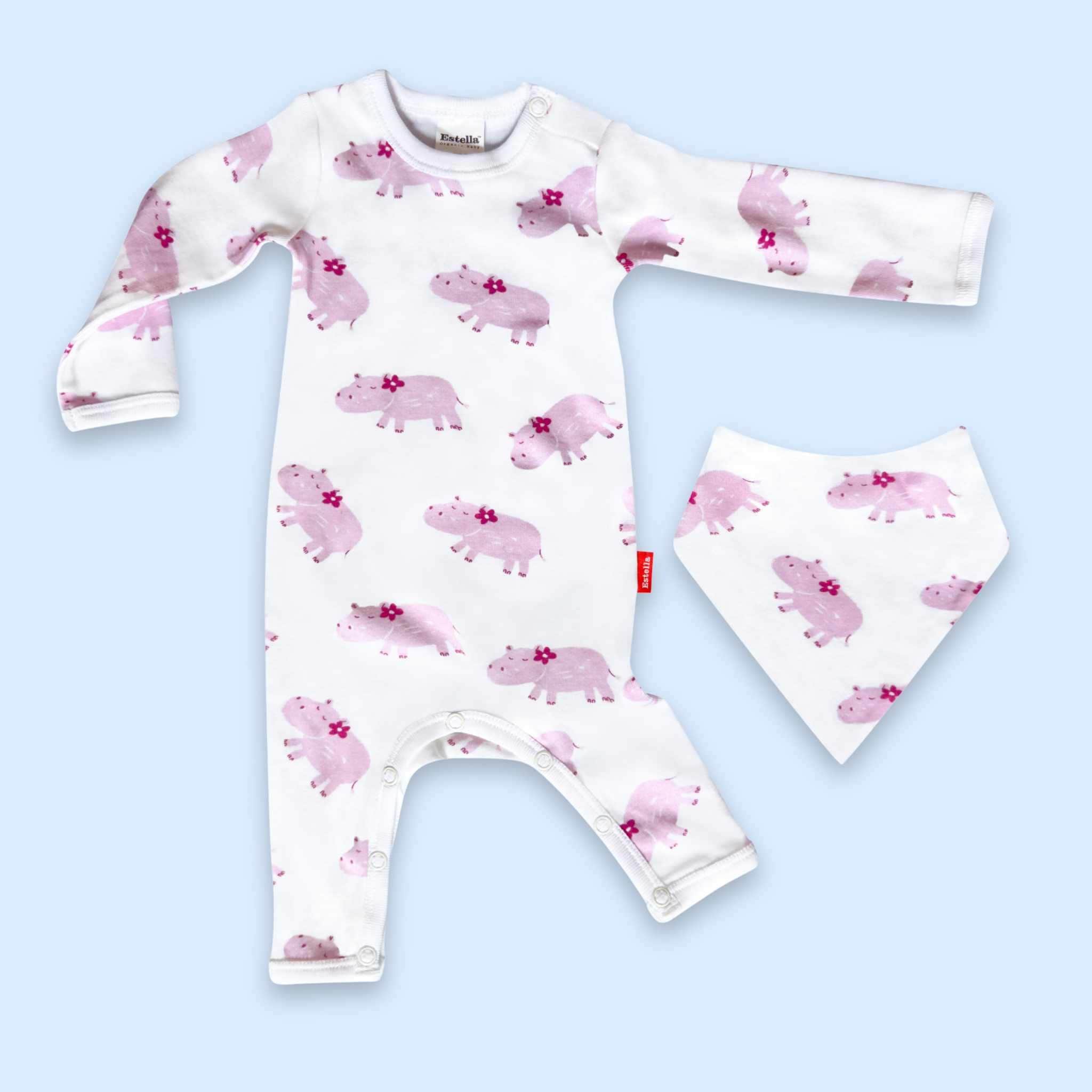 Estella Animal Gifts Pink / 0-3 months Hippo Long Sleeve Romper & Bib Set