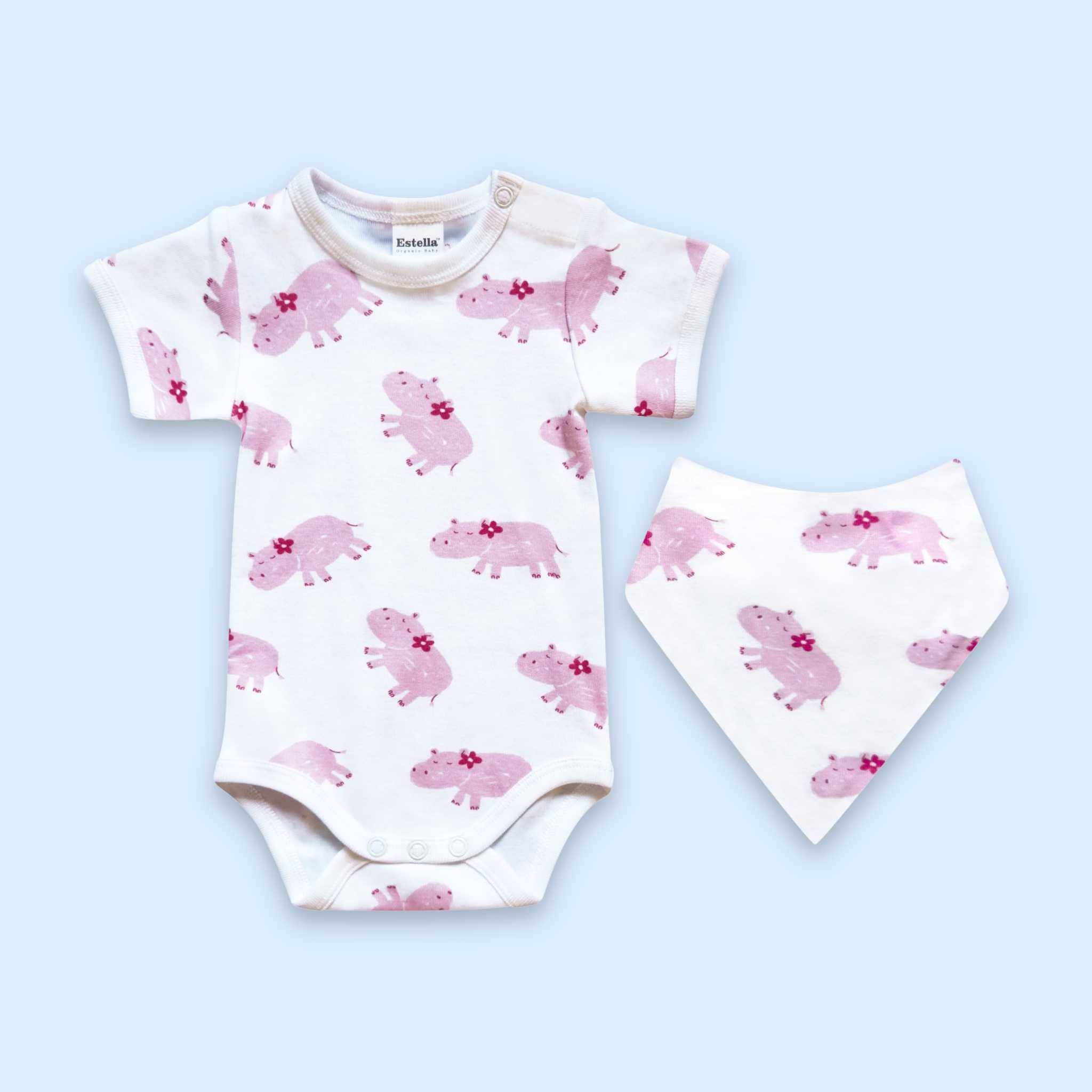 Estella Baby Gift Set Organic Hippo Print Bodysuit & Bib Set