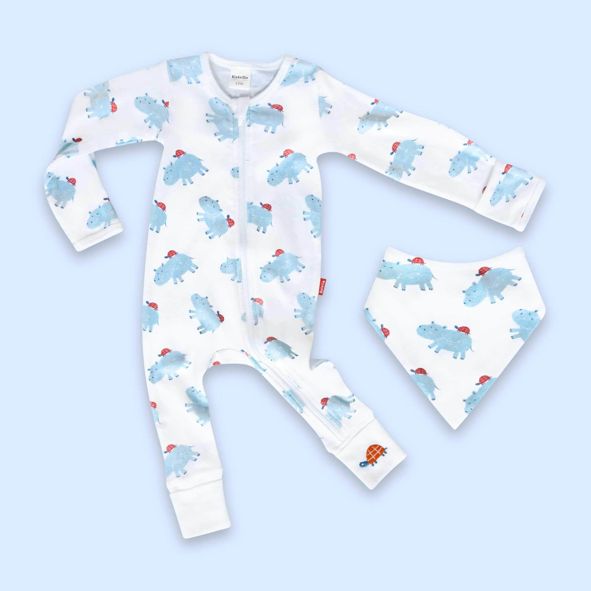 Estella Animal Gifts Blue / 0-3 months Hippo Zip Romper & Bib Set