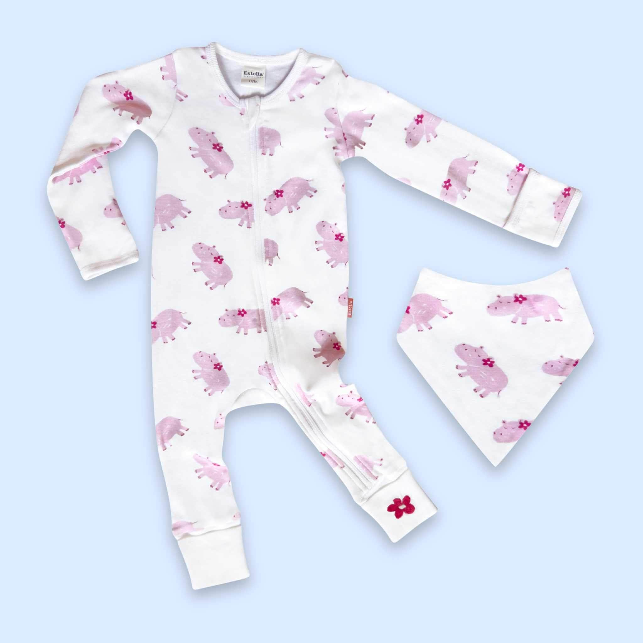 Estella Animal Gifts Pink / 0-3 months Hippo Zip Romper & Bib Set