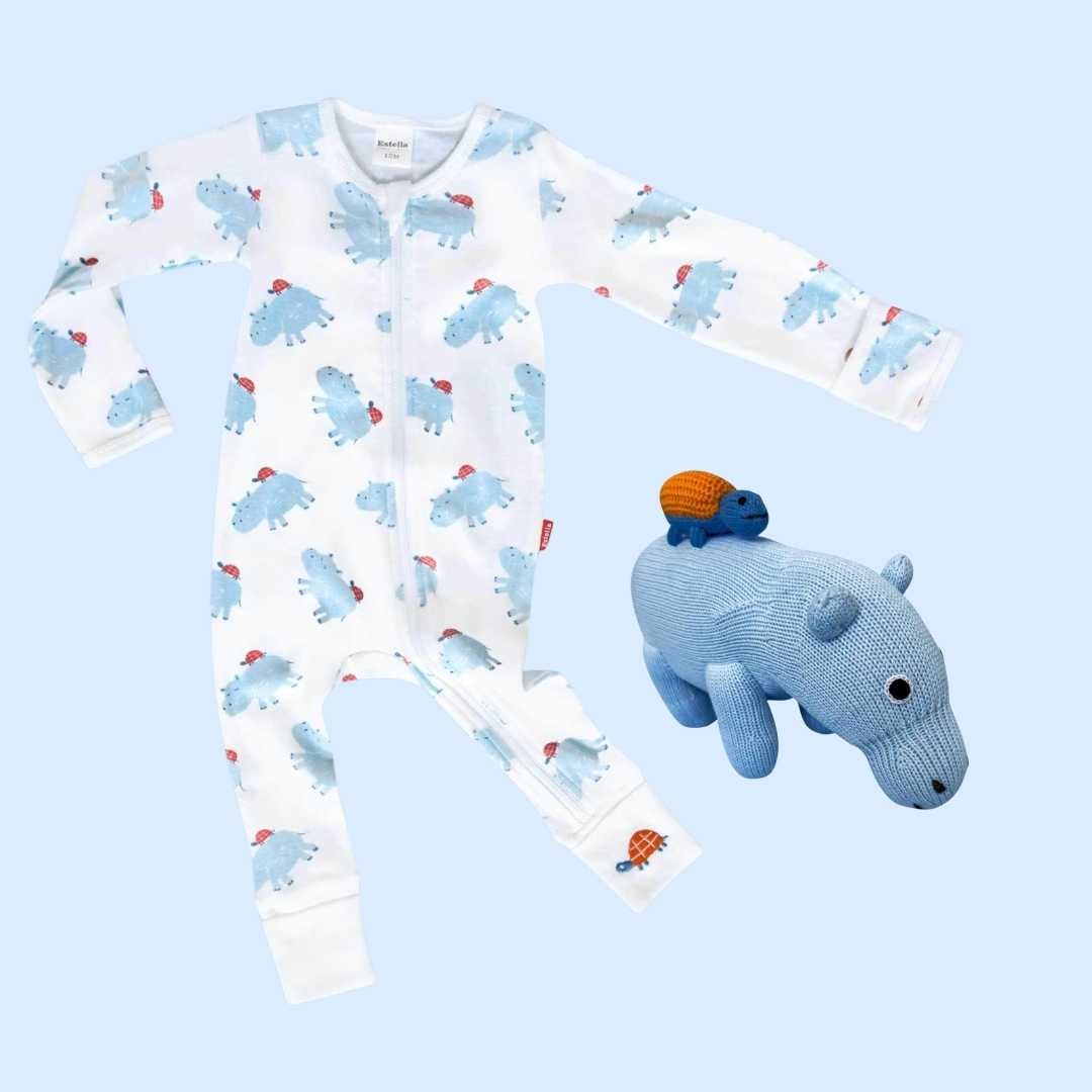 Estella Animal Gifts 0-3 M Hippo Zip Romper & Plush Toy