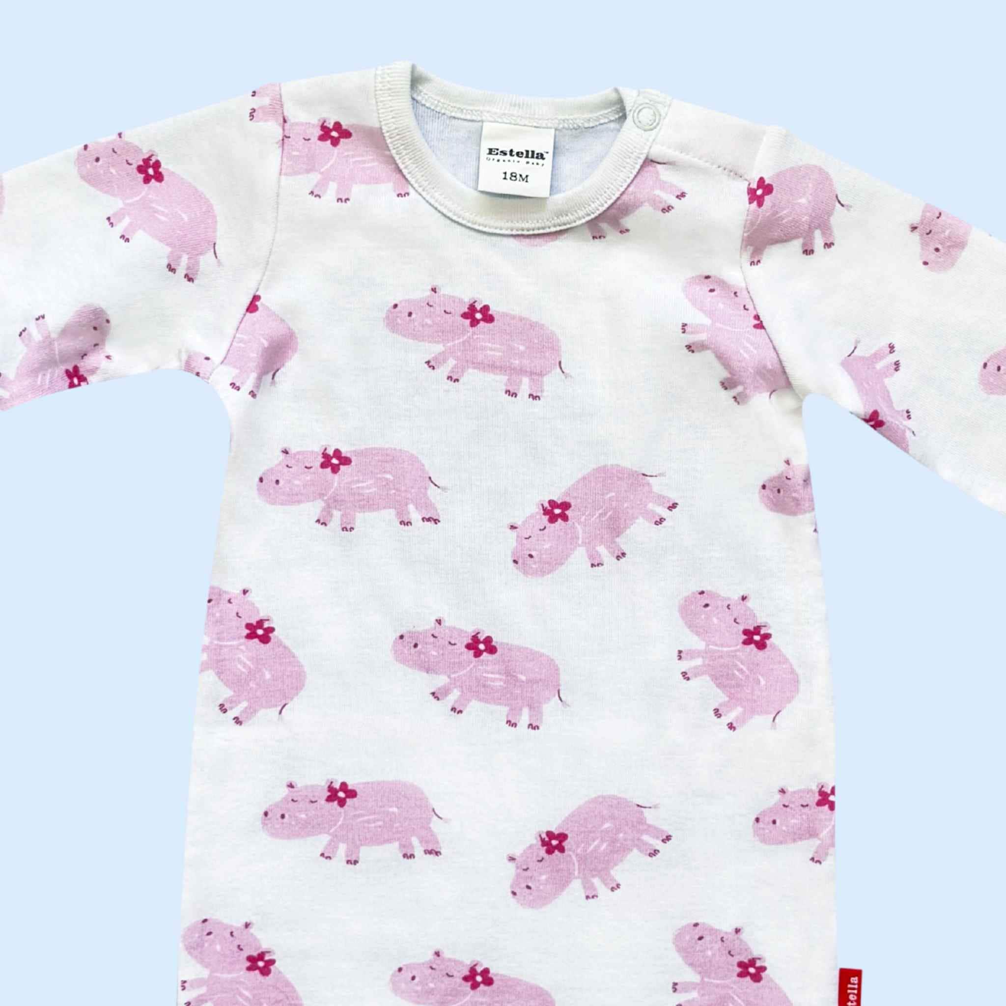 Estella Baby Clothes Organic Rompers in Long Sleeve with Blue Hippo and Turtle Print. Detail showing neckline and snap closure