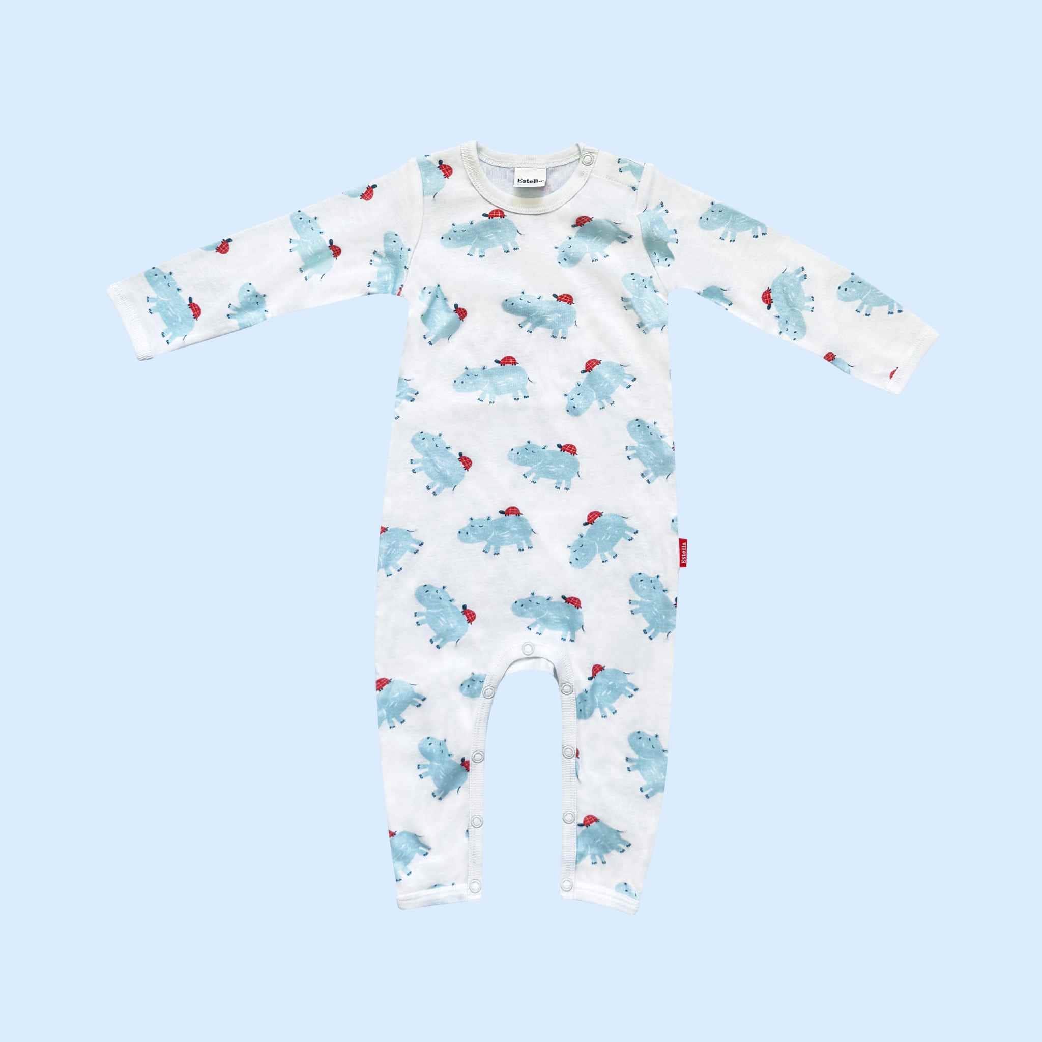 Estella Baby Clothes Organic Rompers in Long Sleeve with Blue Hippo and Turtle Print