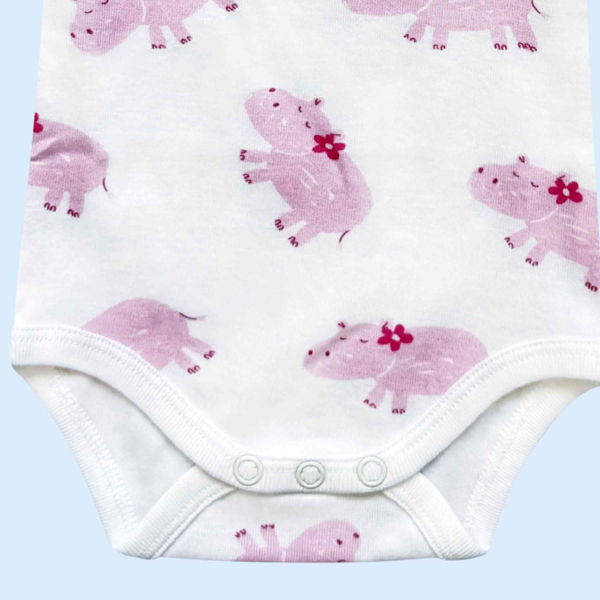 Estella Baby Clothes Organic Onesie with Pink Hippo and Floral Print. Detail showing the crotch and snap closure