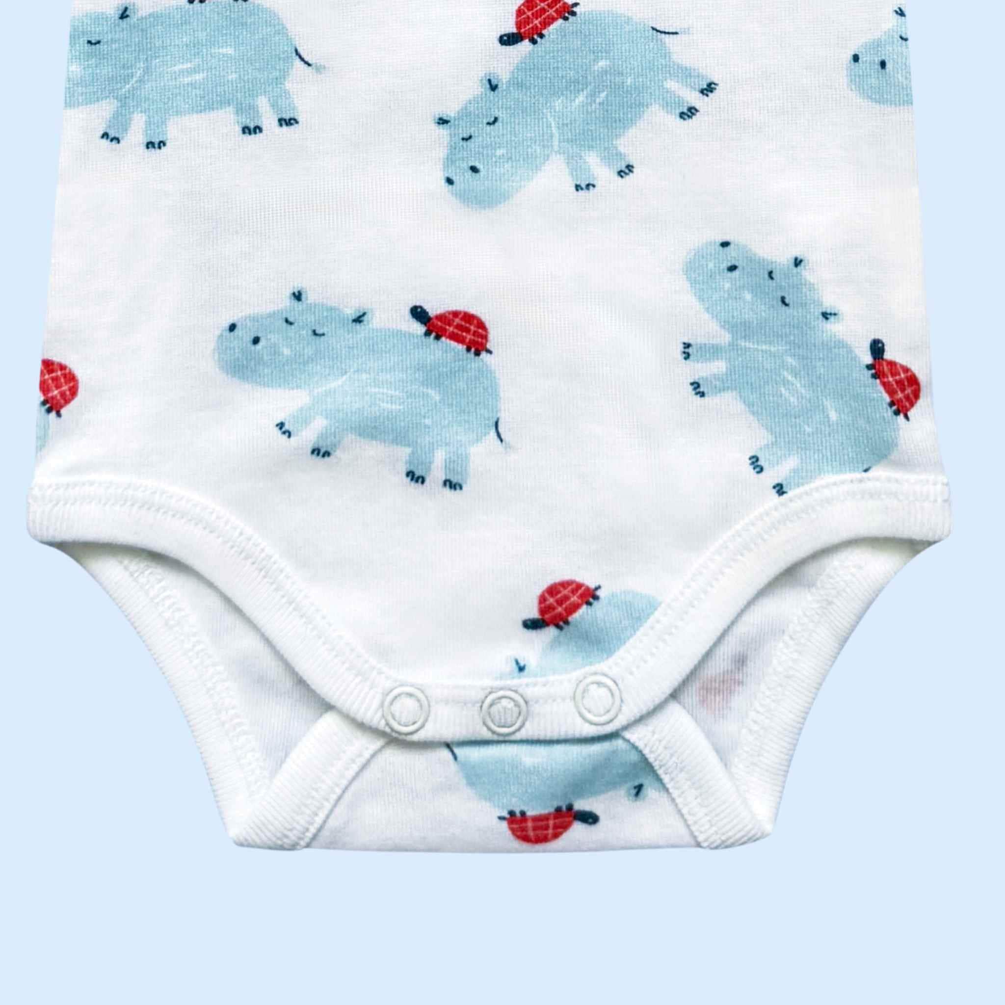 Estella Baby Clothes Organic Onesie with Blue Hippo and Turtle Print. Detail showing the crotch and snap closure