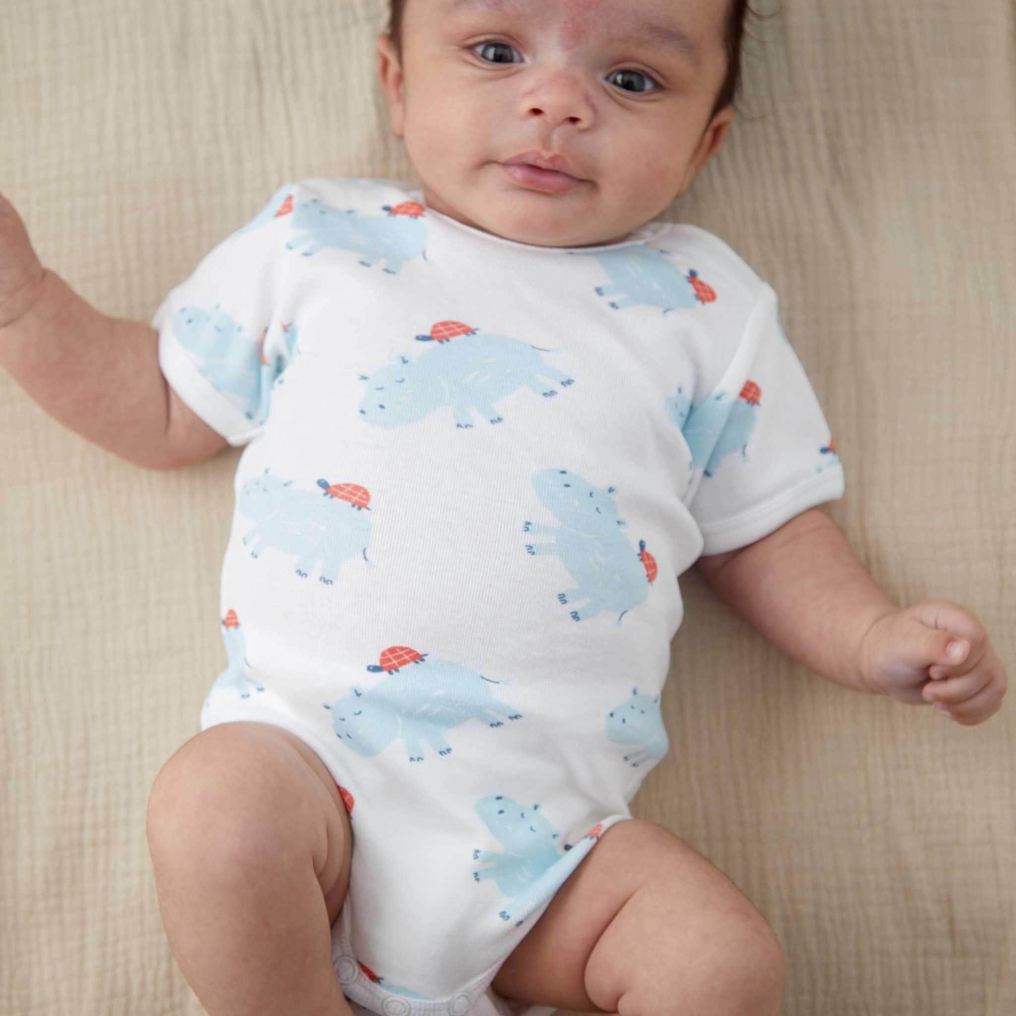Estella Baby Clothing Organic Blue Hippo and Turtle Print Bodysuit - Blue