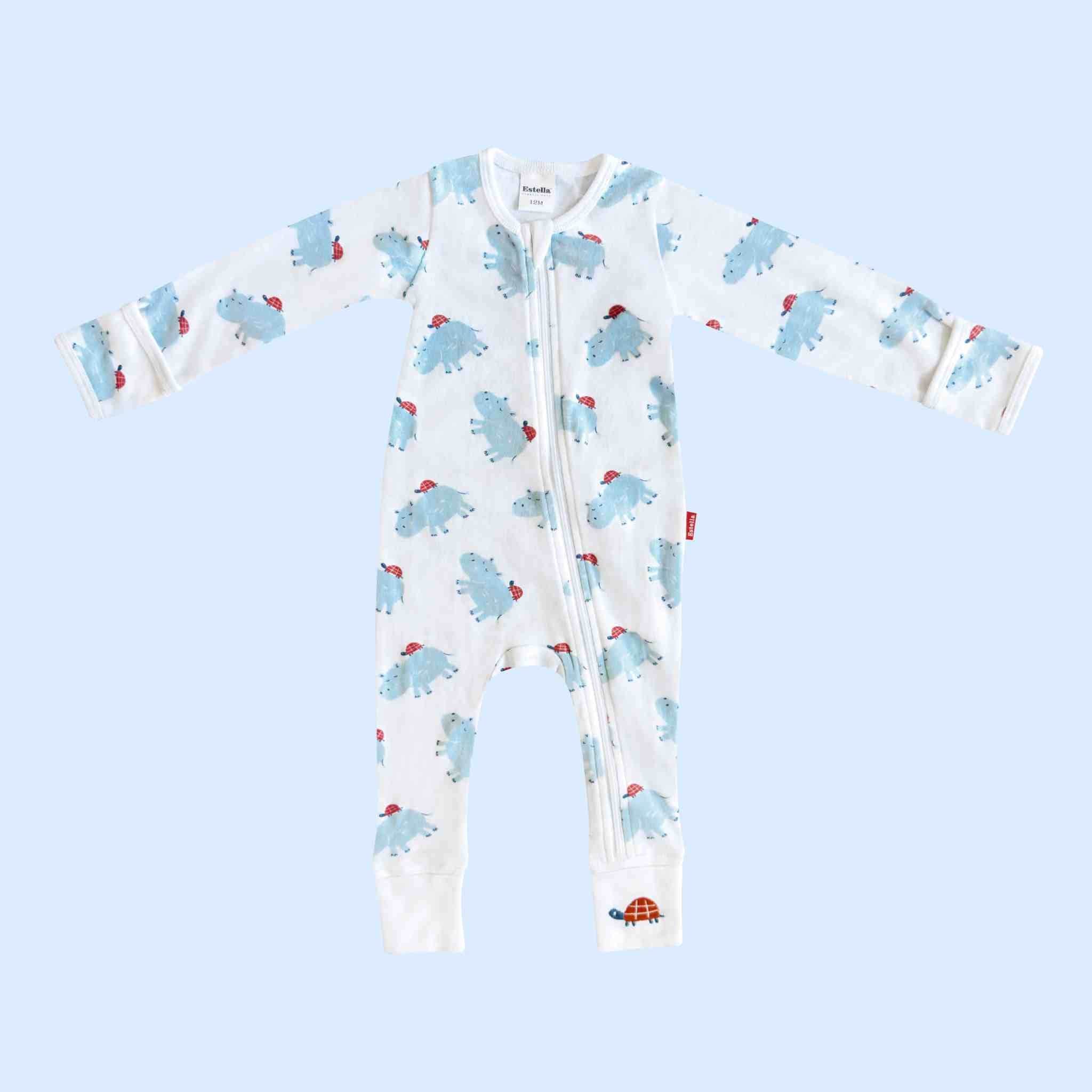 Estella Baby Clothes Organic Zip Rompers with Blue Hippo and Turtle Print and embroidery