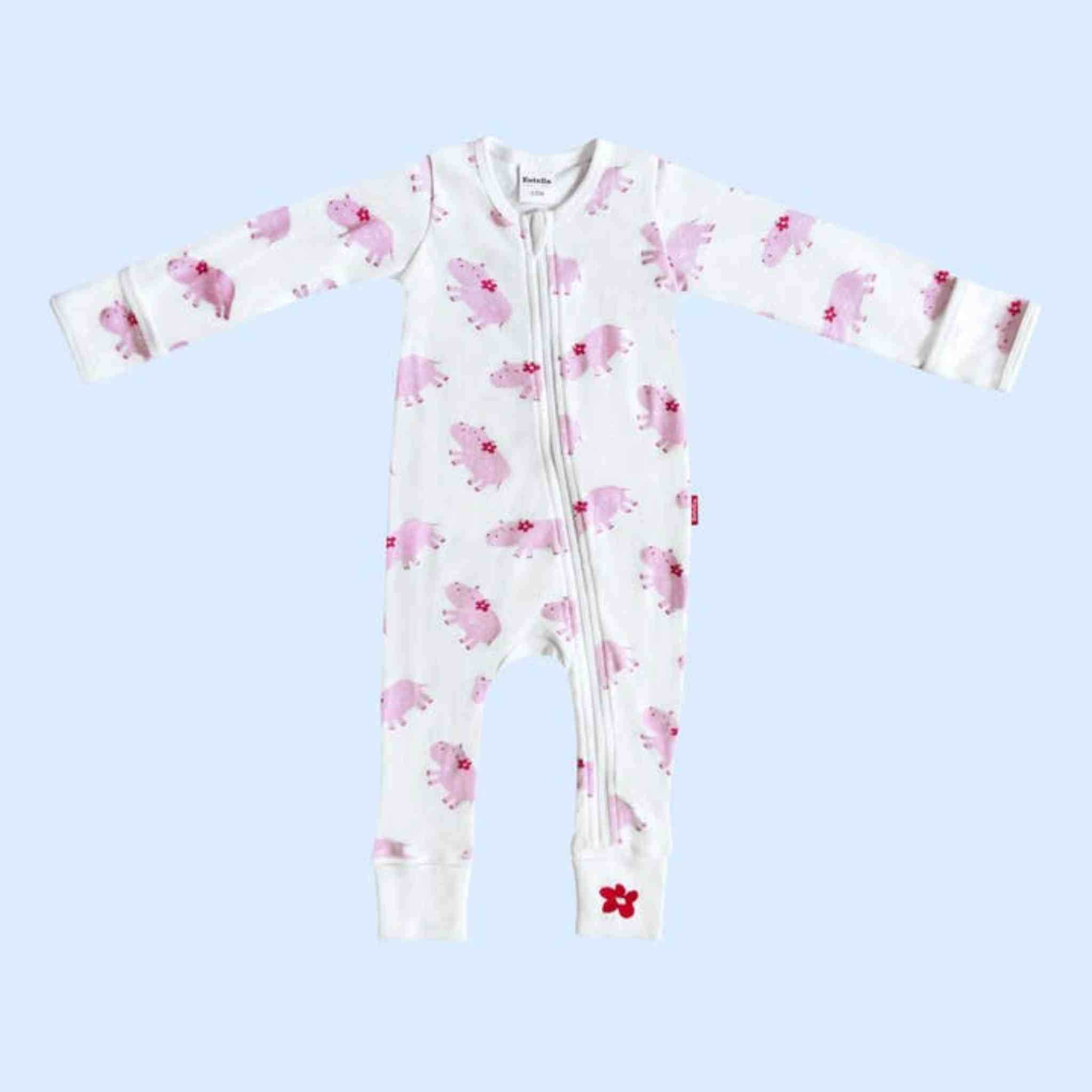 Estella Baby Clothes Organic Zip Rompers with Pink Hippo and Floral Print and embroidery