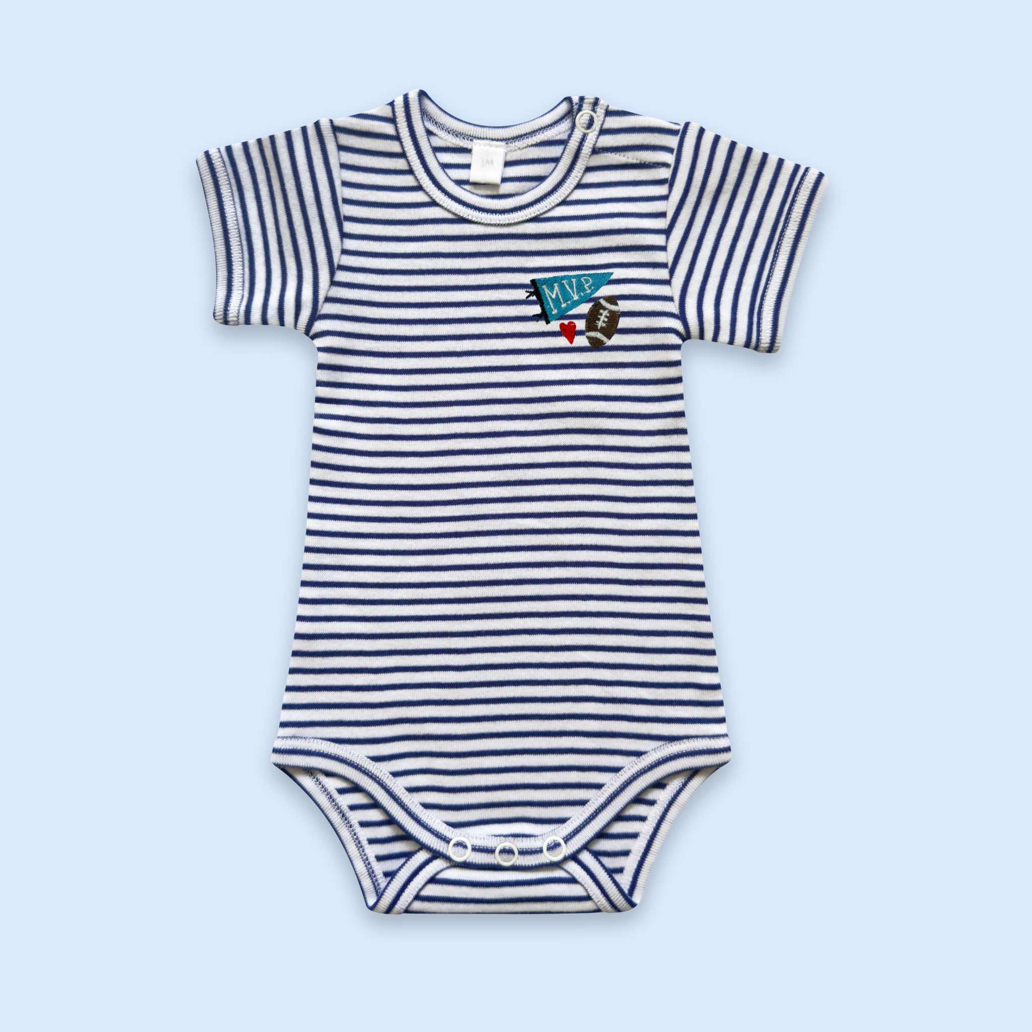 Estella Baby Clothes Organic Striped “MVP” embroidered baby bodysuit on a light blue background.
