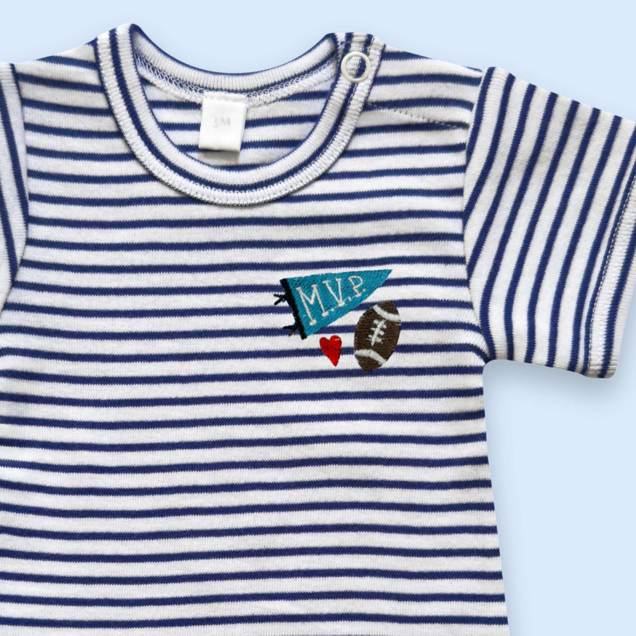 Estella Baby Clothes Organic MVP Football Embroidered Bodysuit. Detail showing the neckline with snap closure and embroidery