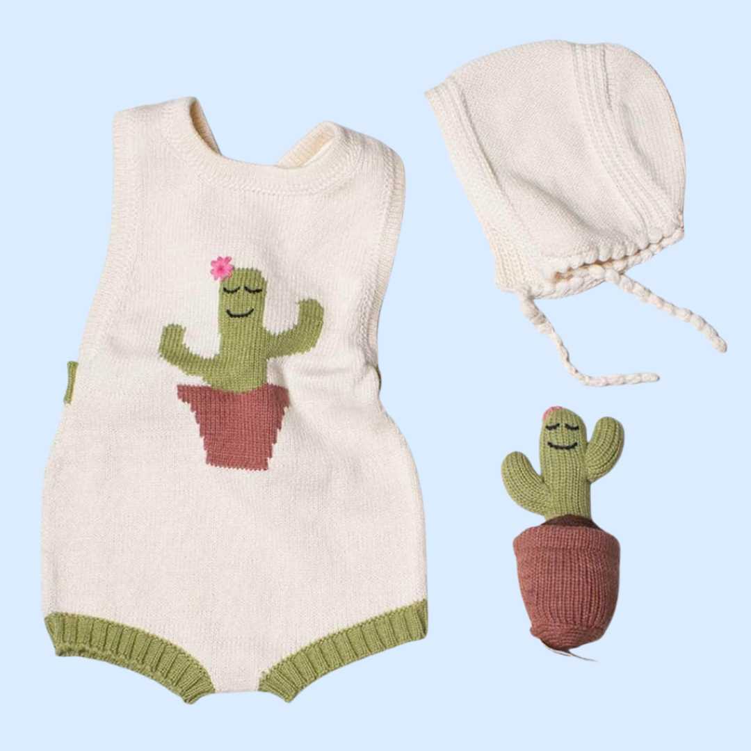 Estella Organic Baby Gift Set - Handmade Newborn Romper, Bonnet & Rattle Toy