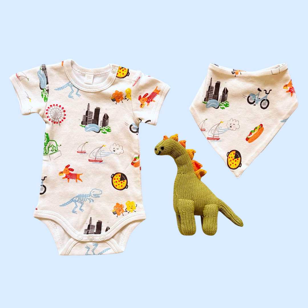 Chicago Cutie Set – Organic Baby Gift with Onesie, Bib & Dino Rattle