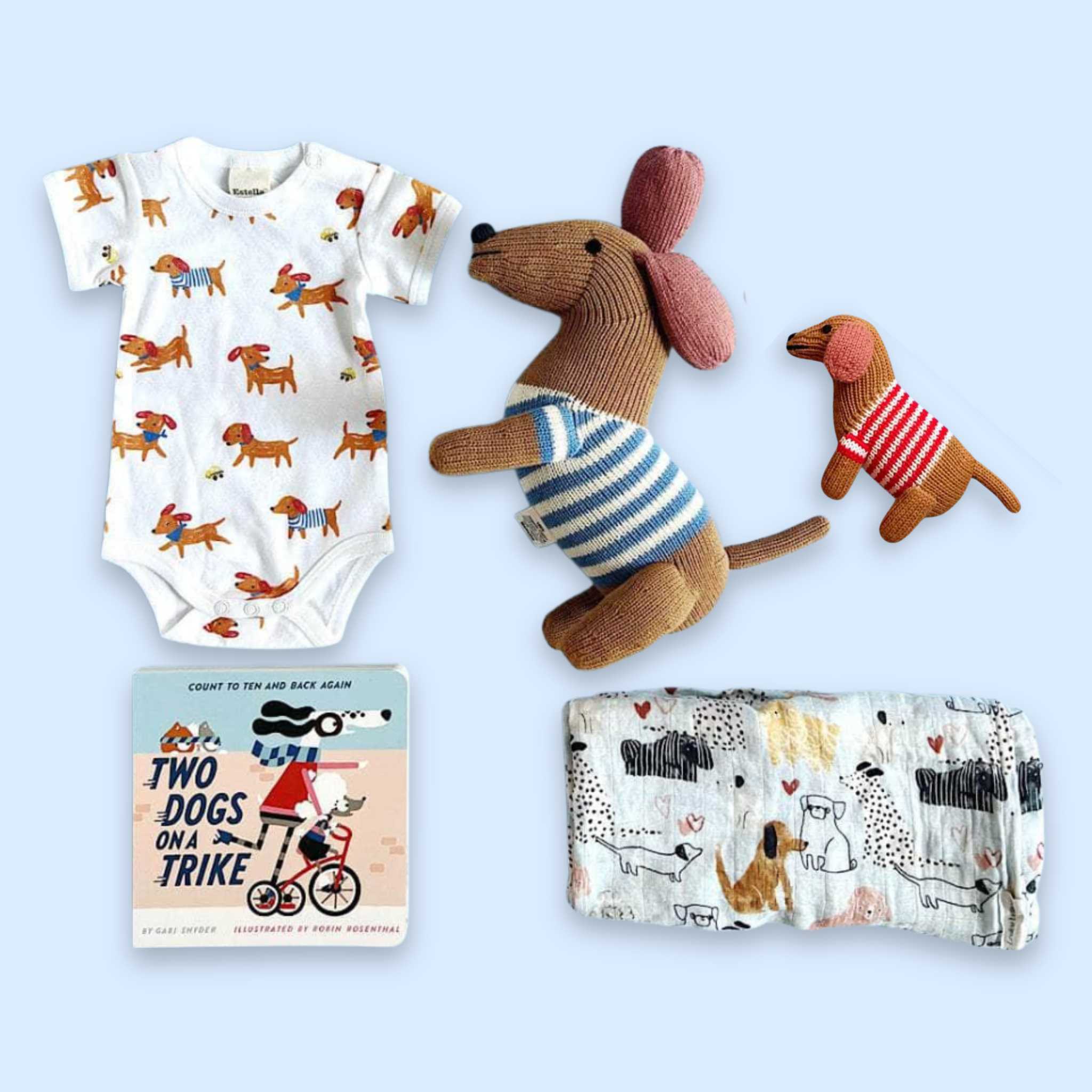Estella Baby Gift Sets 0-3 M Dog Print Baby Bodysuit, Rattle, Swaddle, Book & Toy