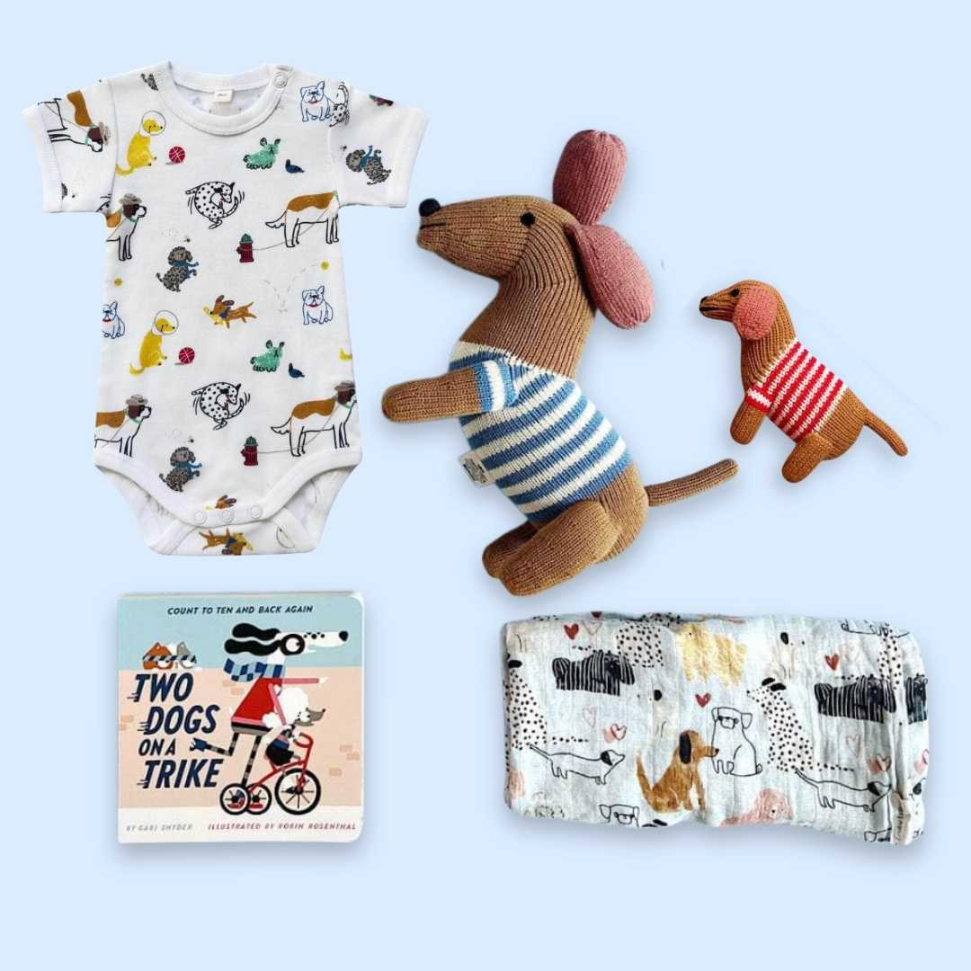 Estella Baby Gift Sets 0-3 M Dog Print Baby Bodysuit, Rattle, Swaddle, Book & Toy
