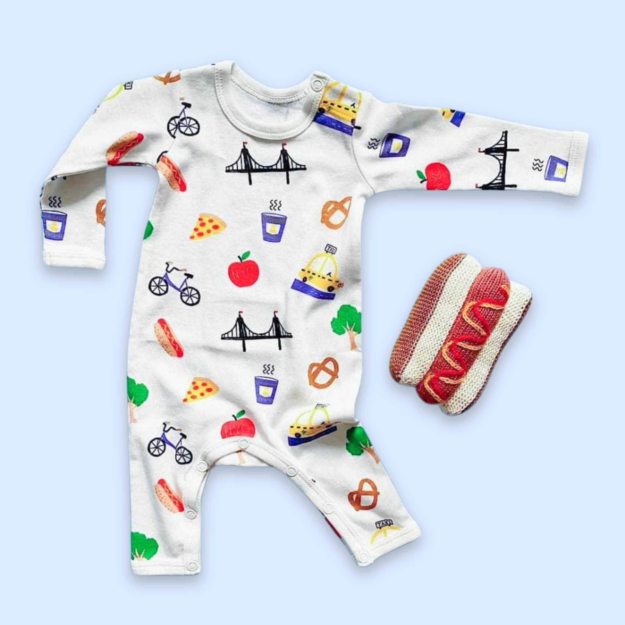 Estella Baby Gift Sets Organic NYC Print Romper & Rattle Set - Hotdog