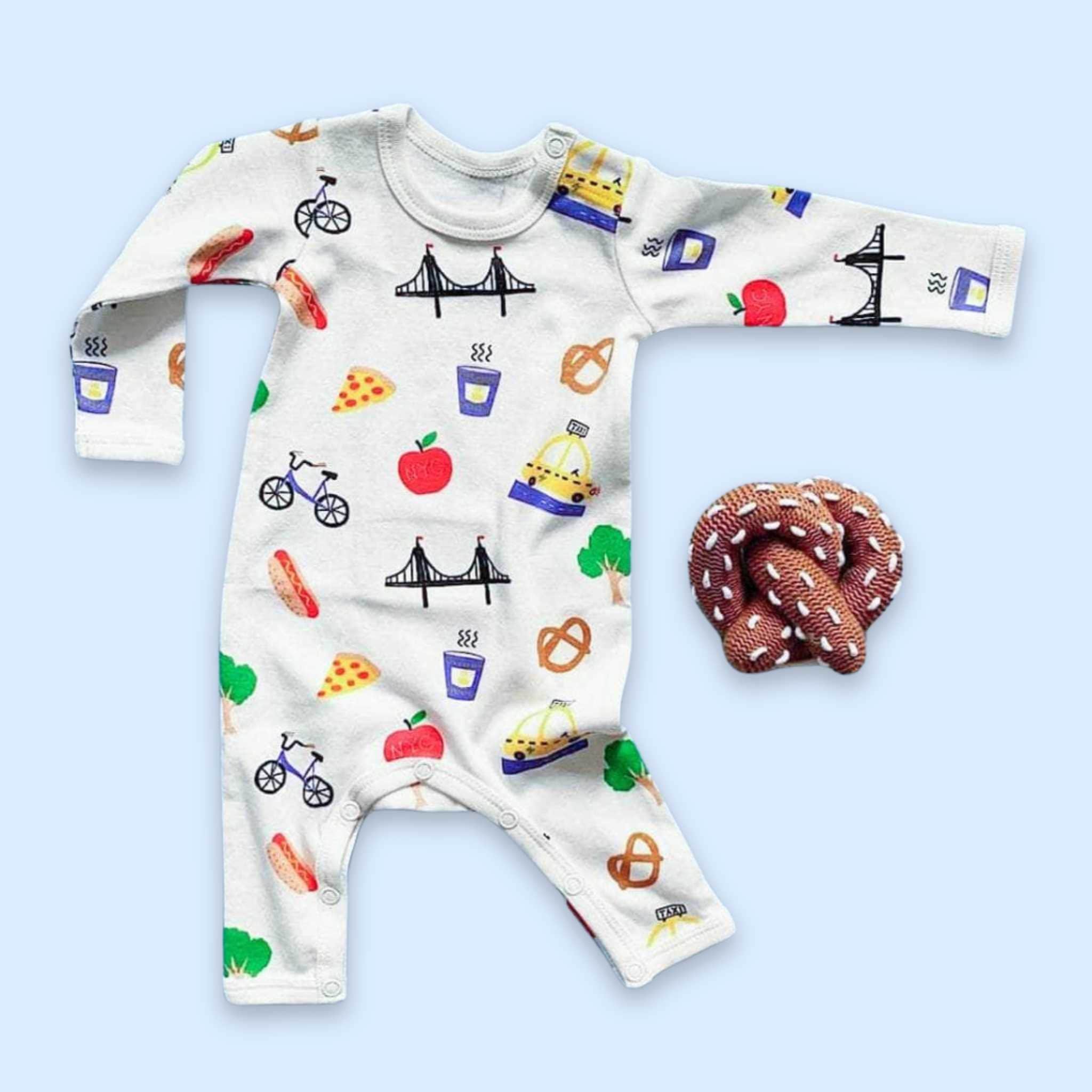 Estella Baby Gift Sets Organic NYC Print Romper & Rattle Set - Pretzel