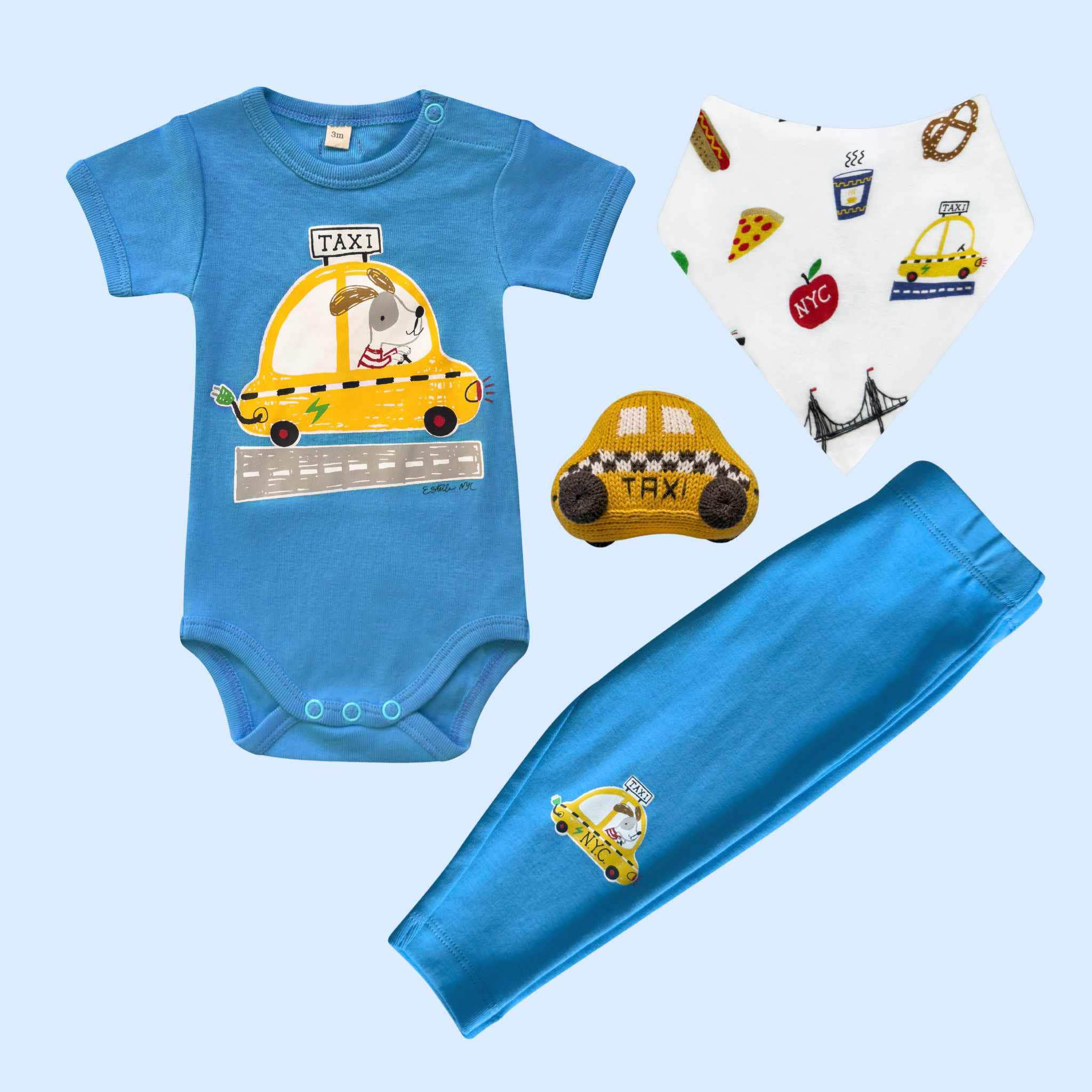 Estella Baby Gift Sets Blue / 0-3 M NYC Taxi Bodysuit, Leggings, Rattle & Bib Set
