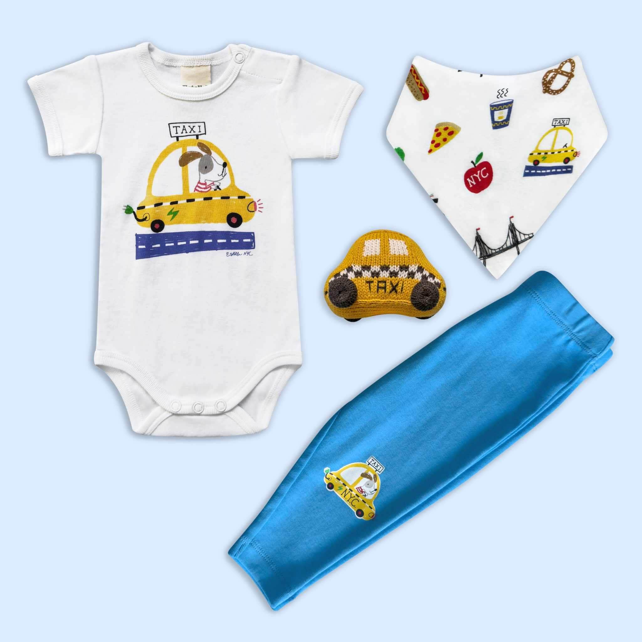 Estella Baby Gift Sets NYC Taxi White Bodysuit, Leggings, Rattle & Bib Set