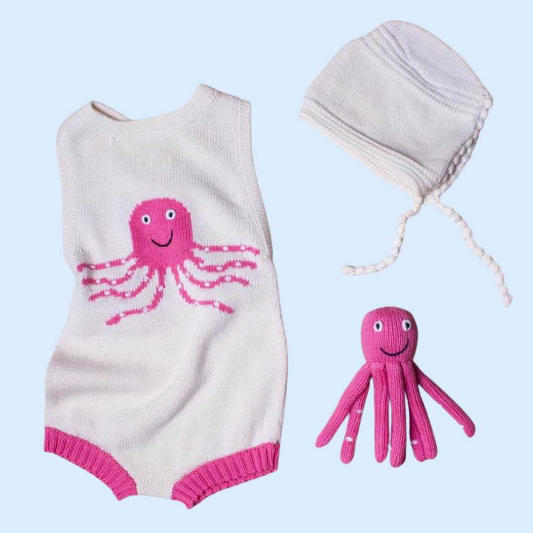 Estella Baby Gift Sets Pink / 0-6 M Octopus Bodysuit, Hat & Rattle Set