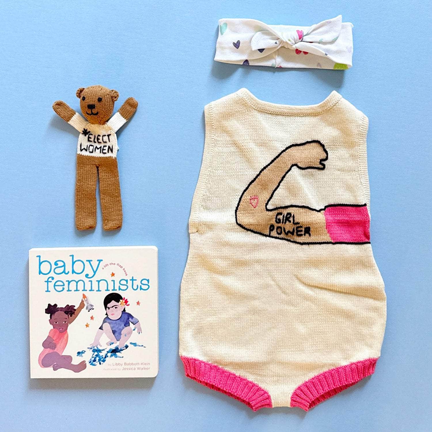 Organic Baby Gift Set-Knit Onesie, Bear, Headband Baby Feminist Book