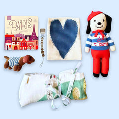 Paris Baby Gift Set: Dog Doll, Lovey, Rattle, Swaddle & Book