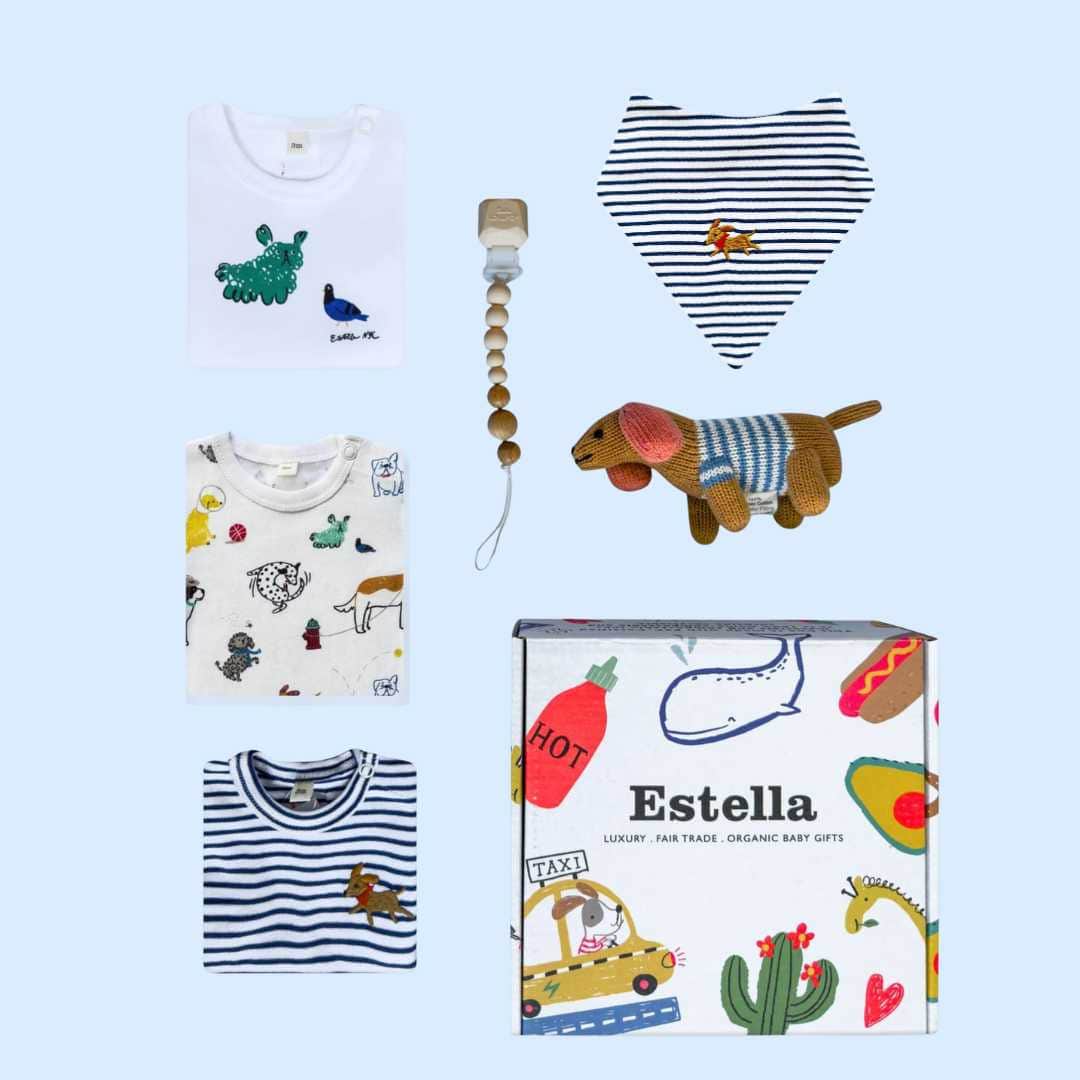 Estella Baby Gift Set, Animal theme with Organic Puppy Tails Bundle with 3 Dog Bodysuits, 3 Rattle Toys & a Bib Book for Infants 3-6M