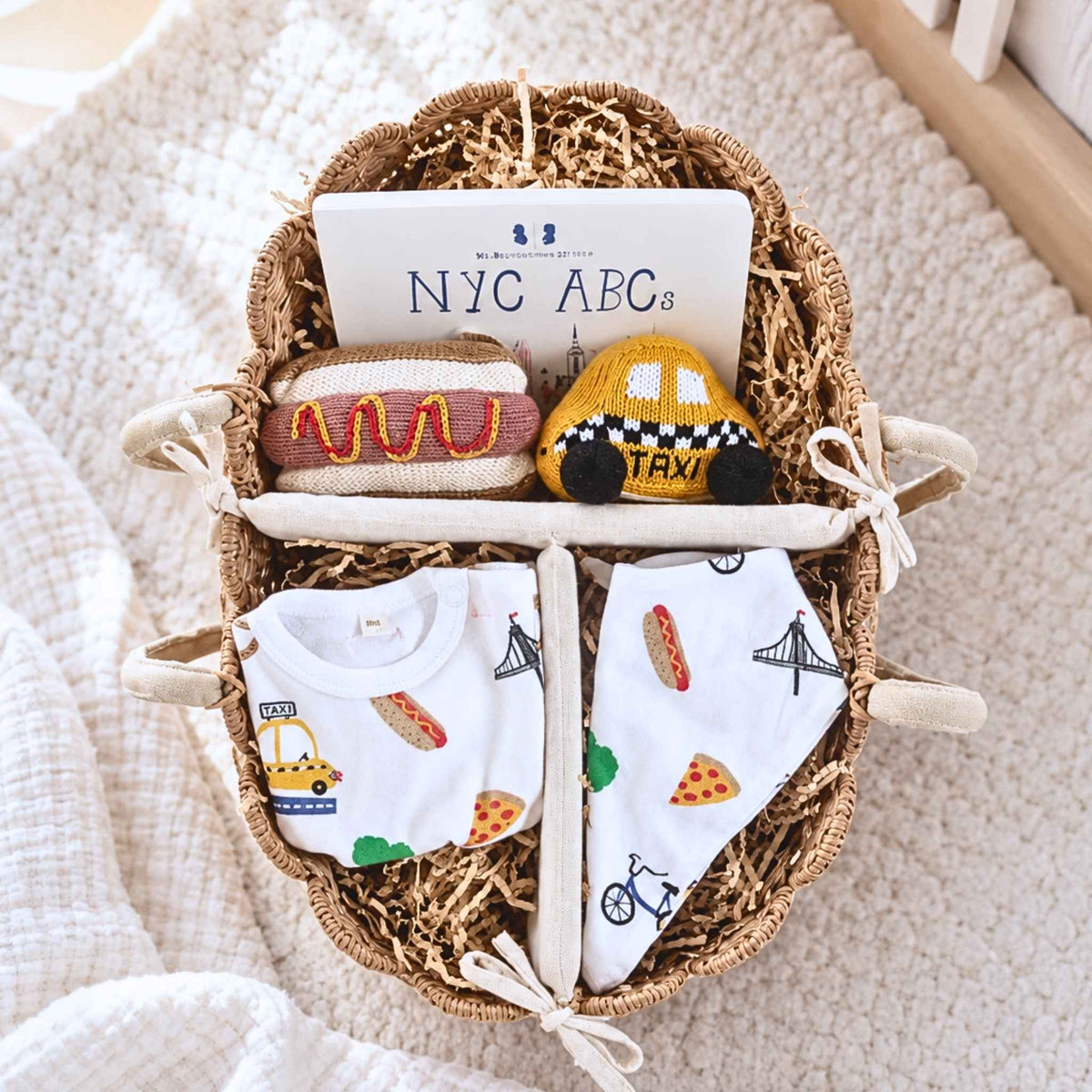 Estella Baby Gift Sets 0-3M Welcome NYC Baby Gift Basket: 6 Pieces in a Rattan Caddy