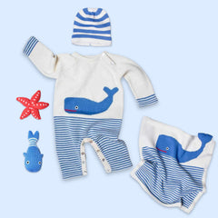 Whale Luxury Baby Gift Set: Romper, Hat, Lovey & 2 Rattles