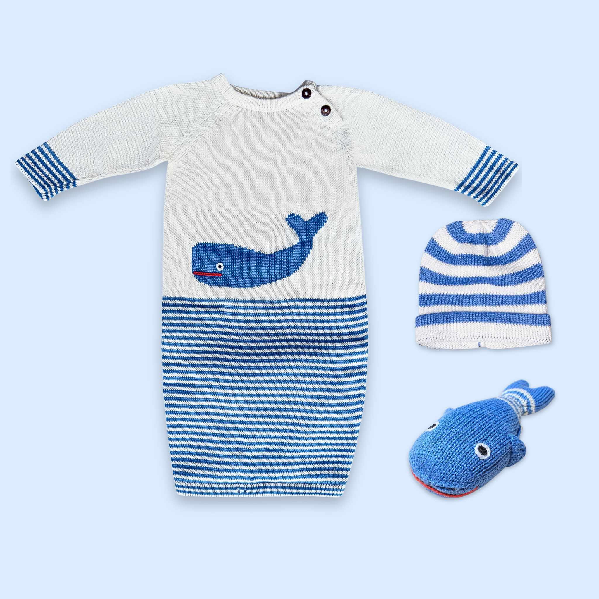 Estella Baby Gift Sets Organic Whale Knitted Gown, Hat & Rattle Set