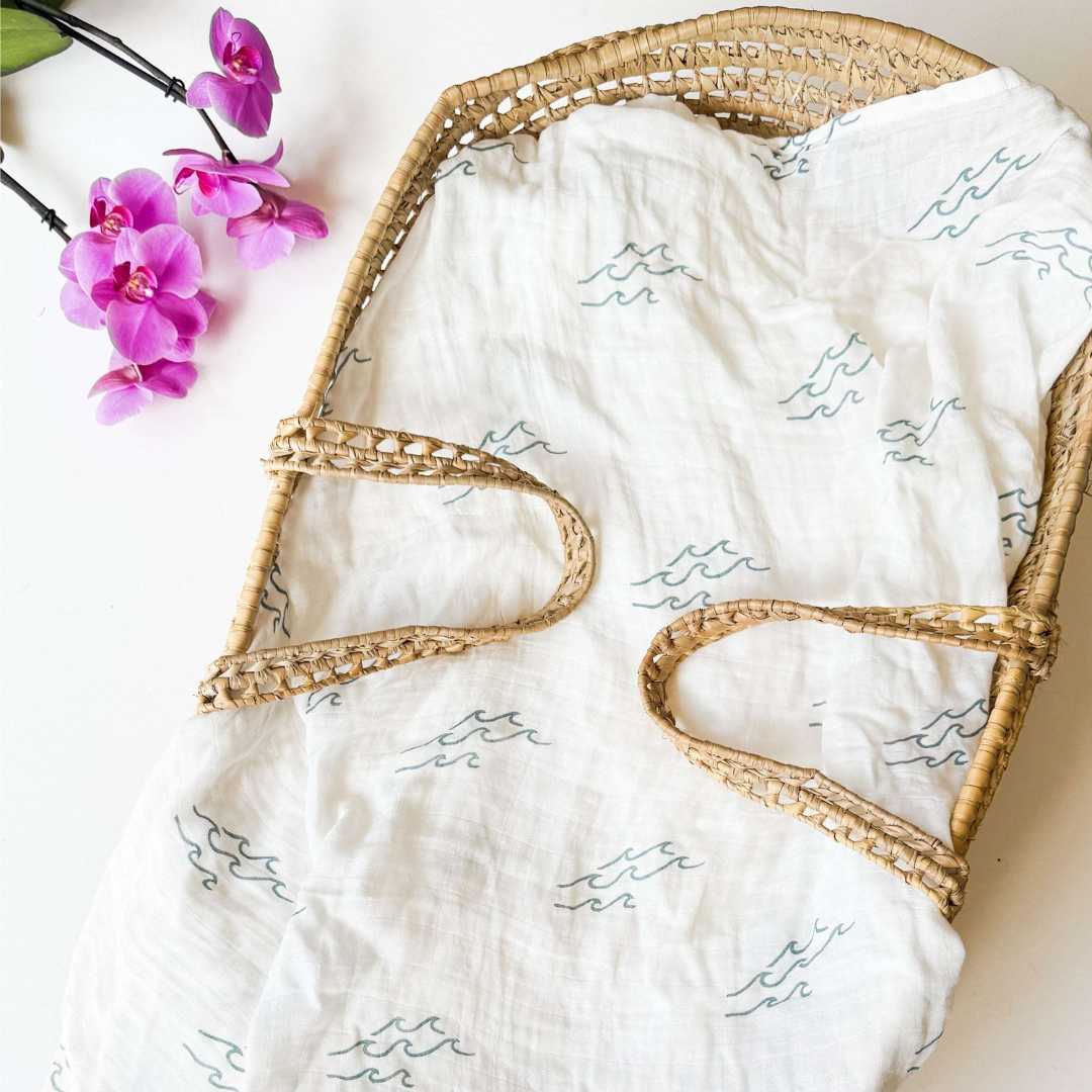 Organic Cotton Baby Swaddle Blanket – Ocean Wave Print | Estella x Coca + B.