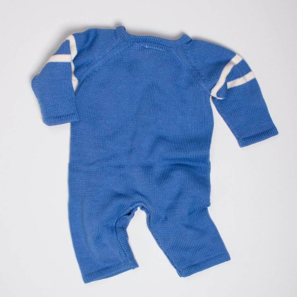 back of the race car romper. Blue and white.