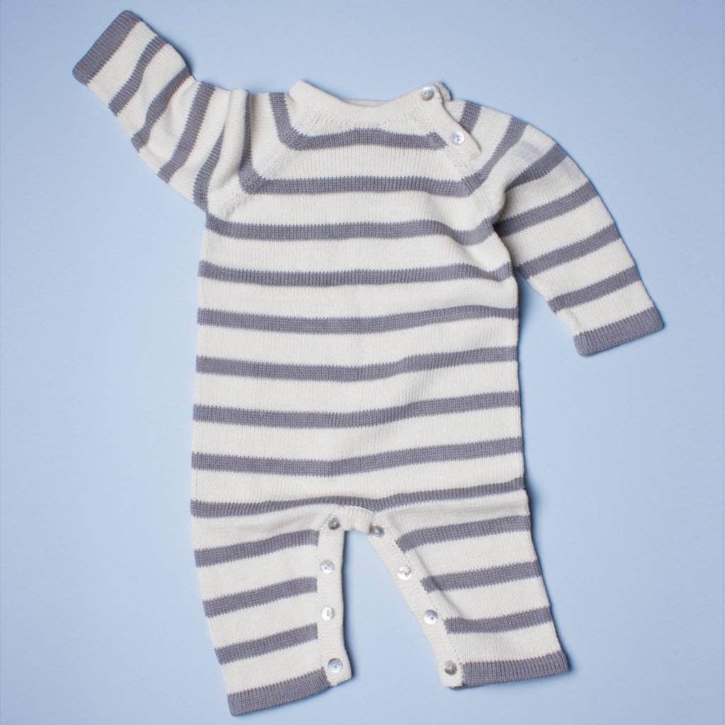 organic grey stripes long sleeve romper knit. Grey stripes and cream. 