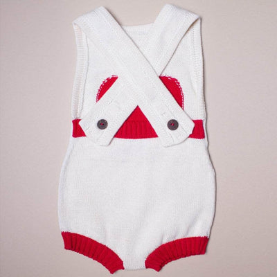 back of the apple sleeveless romper. Red and cream.