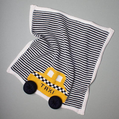 Taxi blanket organic knit, black stripes, yellow taxi, black tires and checkers pattern. 