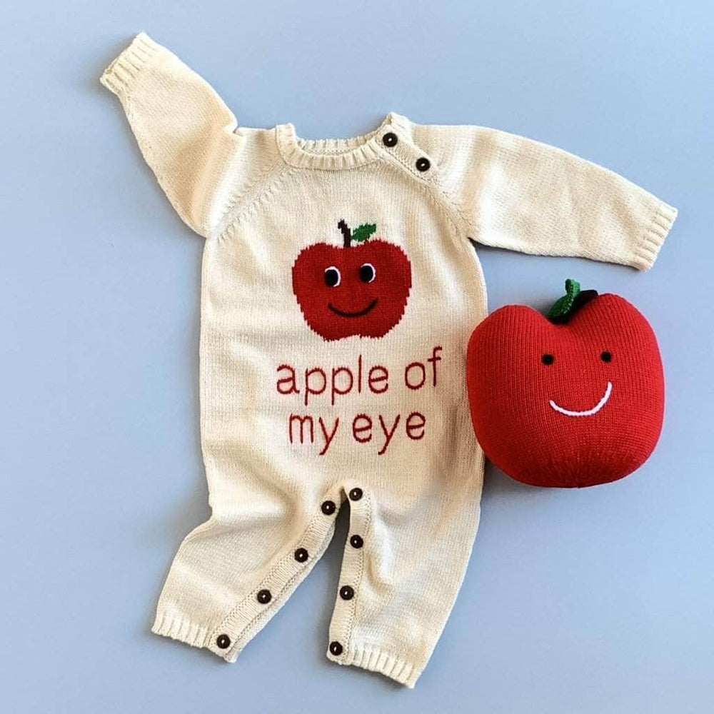 organic long sleeve apple romper with apple stuff toy.