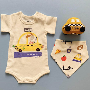 organic baby gift set. Taxi onesie, NY-themed organic baby bib, and taxi baby rattle.