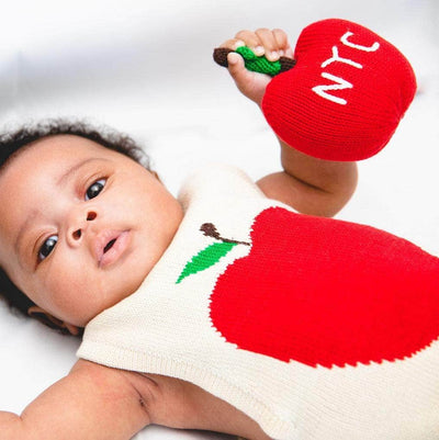 Organic Baby Gift Set - Sleeveless Hand Knit Newborn Romper, Apple Rattle Toy & Hat - {{variant_option_1}}