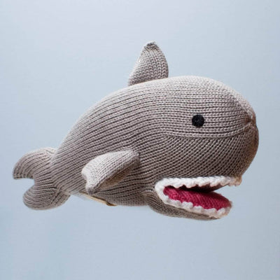 organic stuff toy shark. Grey, white teeth, red tongue, and black eyes. 