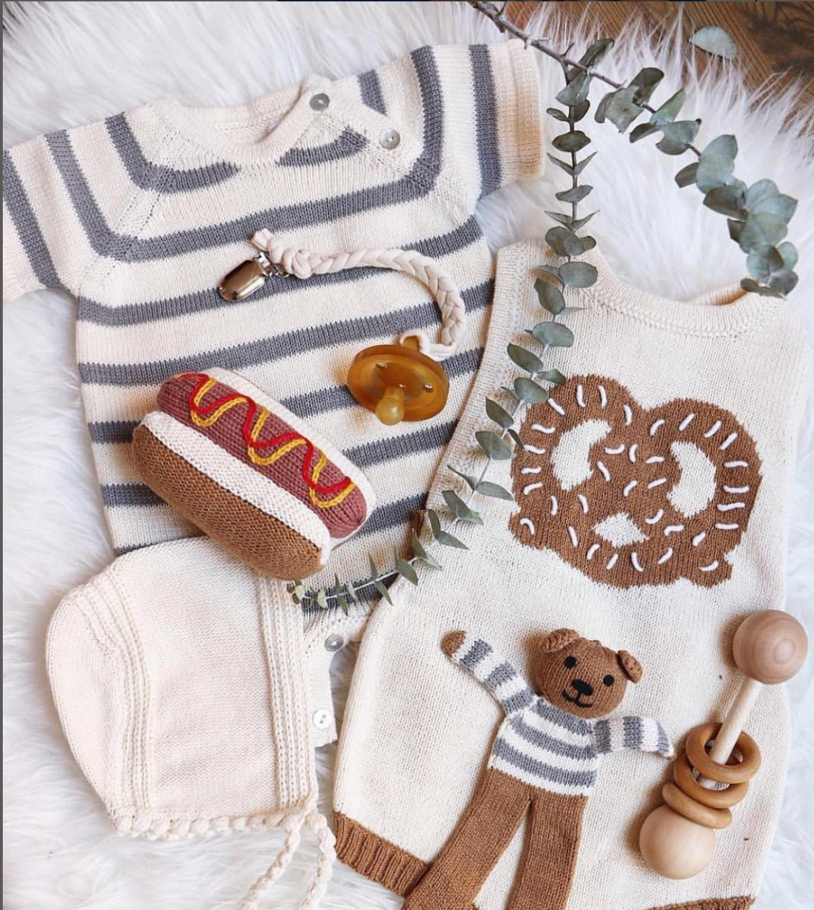 Timeless Fall Baby Gift Sets - Knit onesies, hat & toys