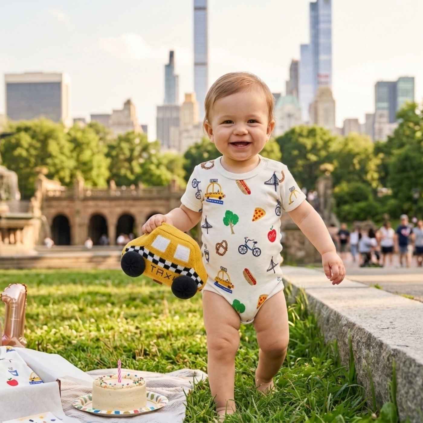 First Birthday for Baby wearing Organic Baby Bodysuit with Taxi Stuffed Toy
