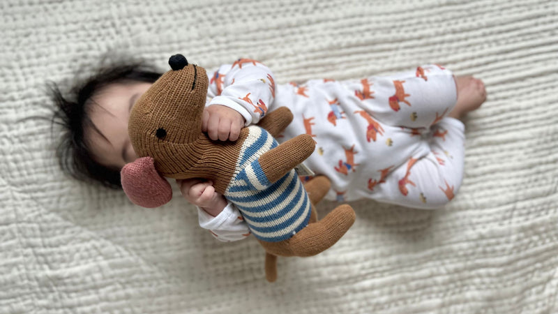 Baby playing with a knitted organic dog baby toy