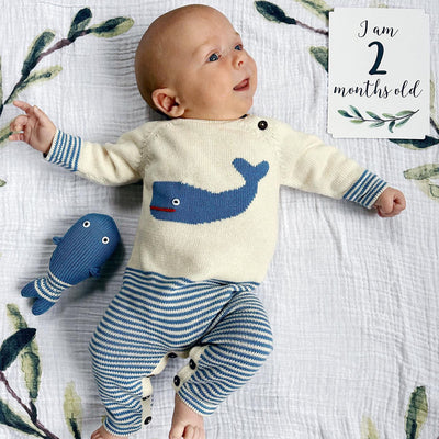 Baby in Whale Romper & Rattle toy