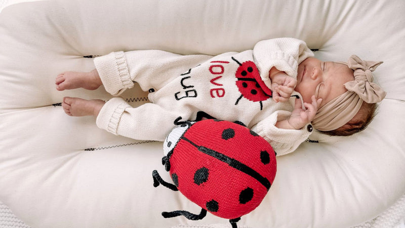 A sleeping baby wearing a knitted "Love Bug" romper alongside a ladybug plush