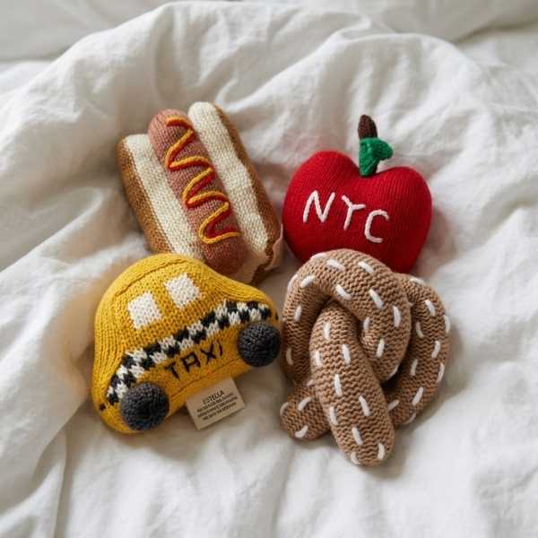 Handknit organic baby rattles collection — colorful newborn toys designed in NYC | Estella