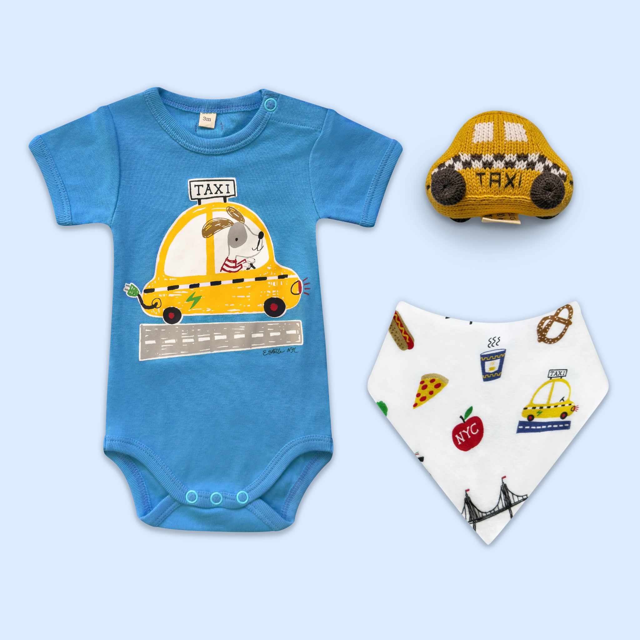 Estella Baby Gift Set, NYC theme with Blue Organic Taxi Bodysuit, Bib & Rattle Toy